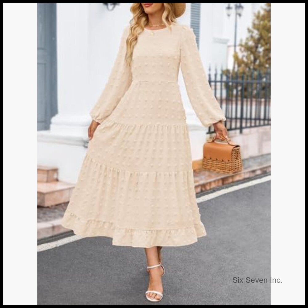 Long Sleeve Maxi Dress Swiss Dot Tiered Flowy A Line Wedding Cocktail Party - Picture 2 of 7